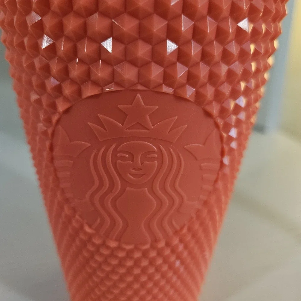 Starbucks Coral Salmon Pink Studded Grid Tumbler Cold Cup 16 oz (No Straw)